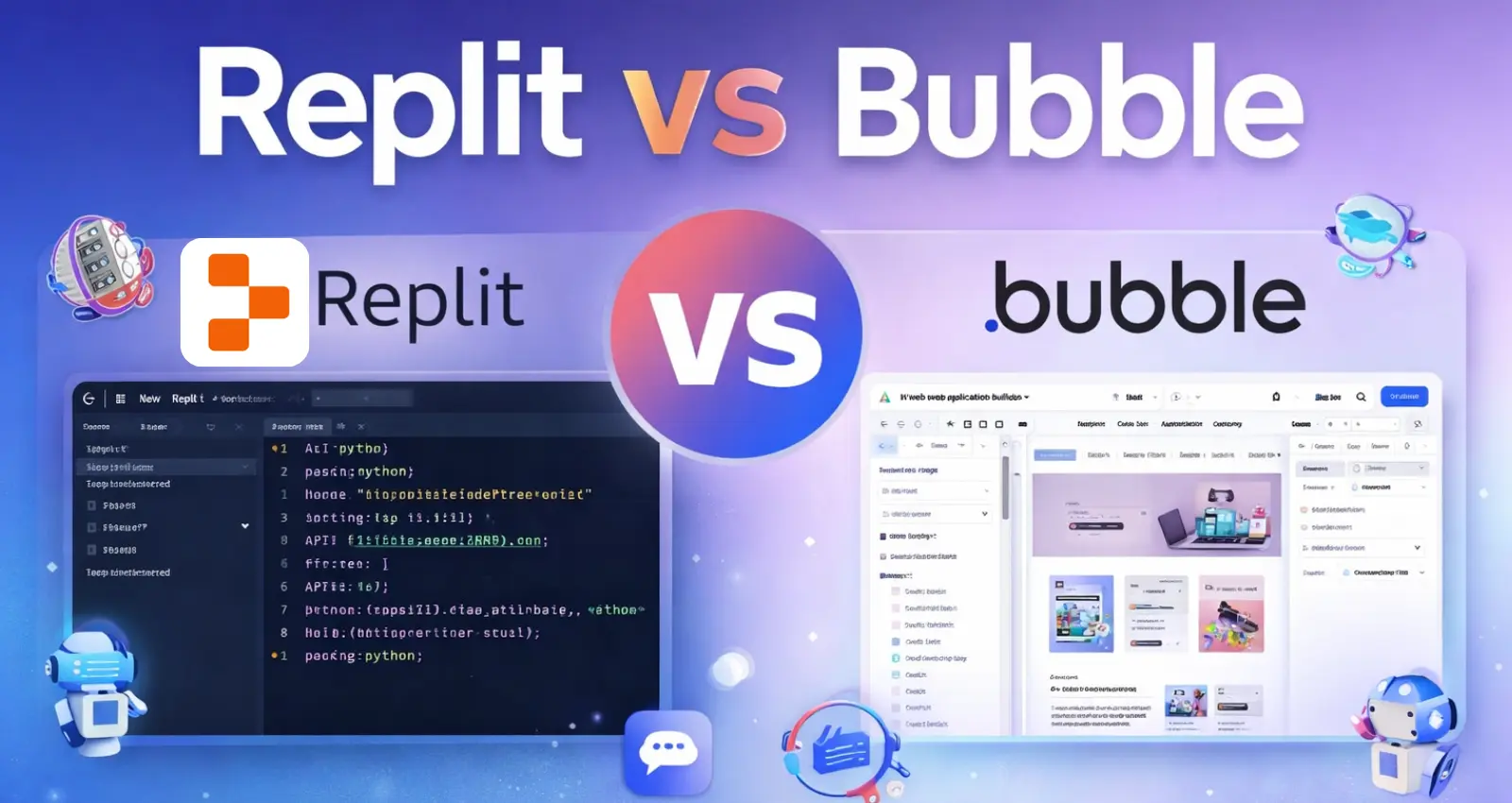 Replit vs Bubble AI web apps comparison 2026 showing coding platform Replit and no-code builder Bubble side-by-side for building AI web applications.