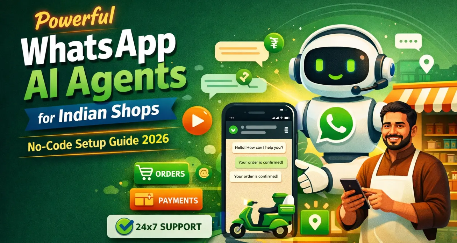 WhatsApp AI Agents for Indian Shops illustration showing AI chatbot helping a shop owner with automated orders, payments, and 24x7 customer support.