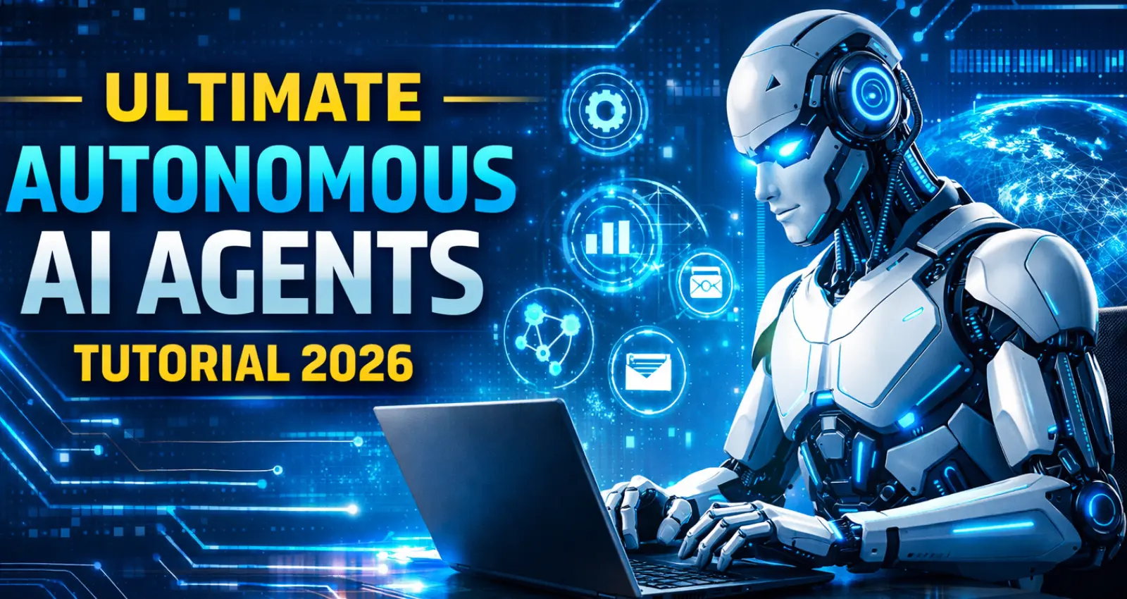 Autonomous AI agents tutorial for beginners 2026 showing futuristic AI robot working on laptop automation concept