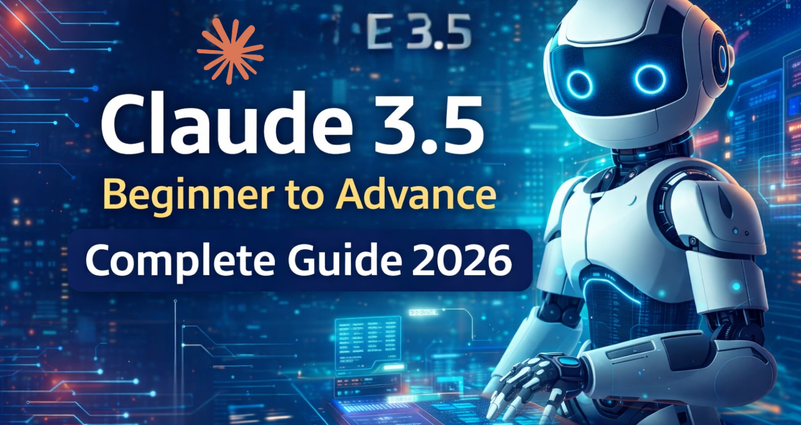 Claude 3.5 Complete Guide 2026 featured image showing futuristic AI robot and digital interface background