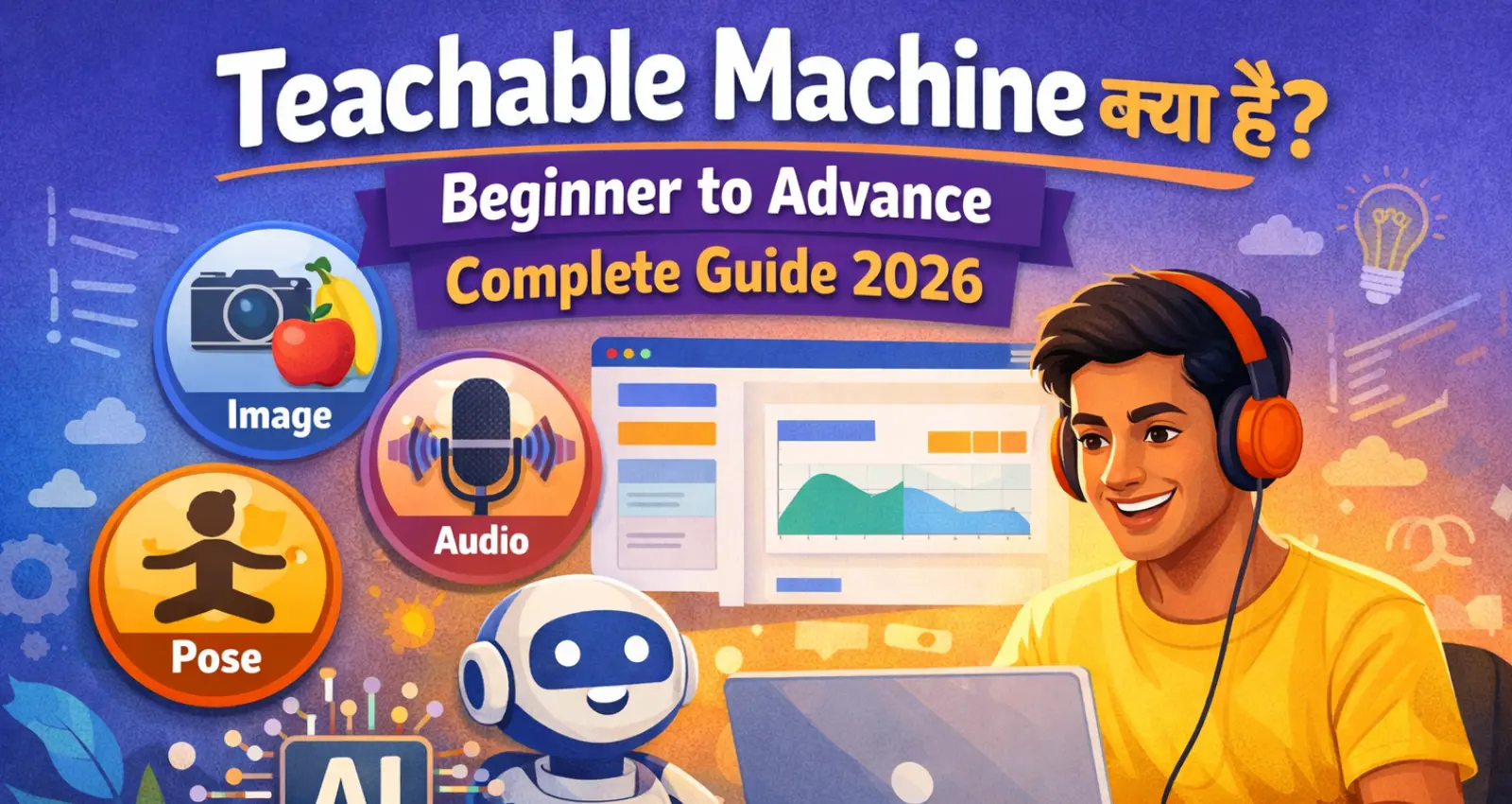Teachable Machine kya hai 2026 guide featured image showing student using laptop with AI image audio and pose icons