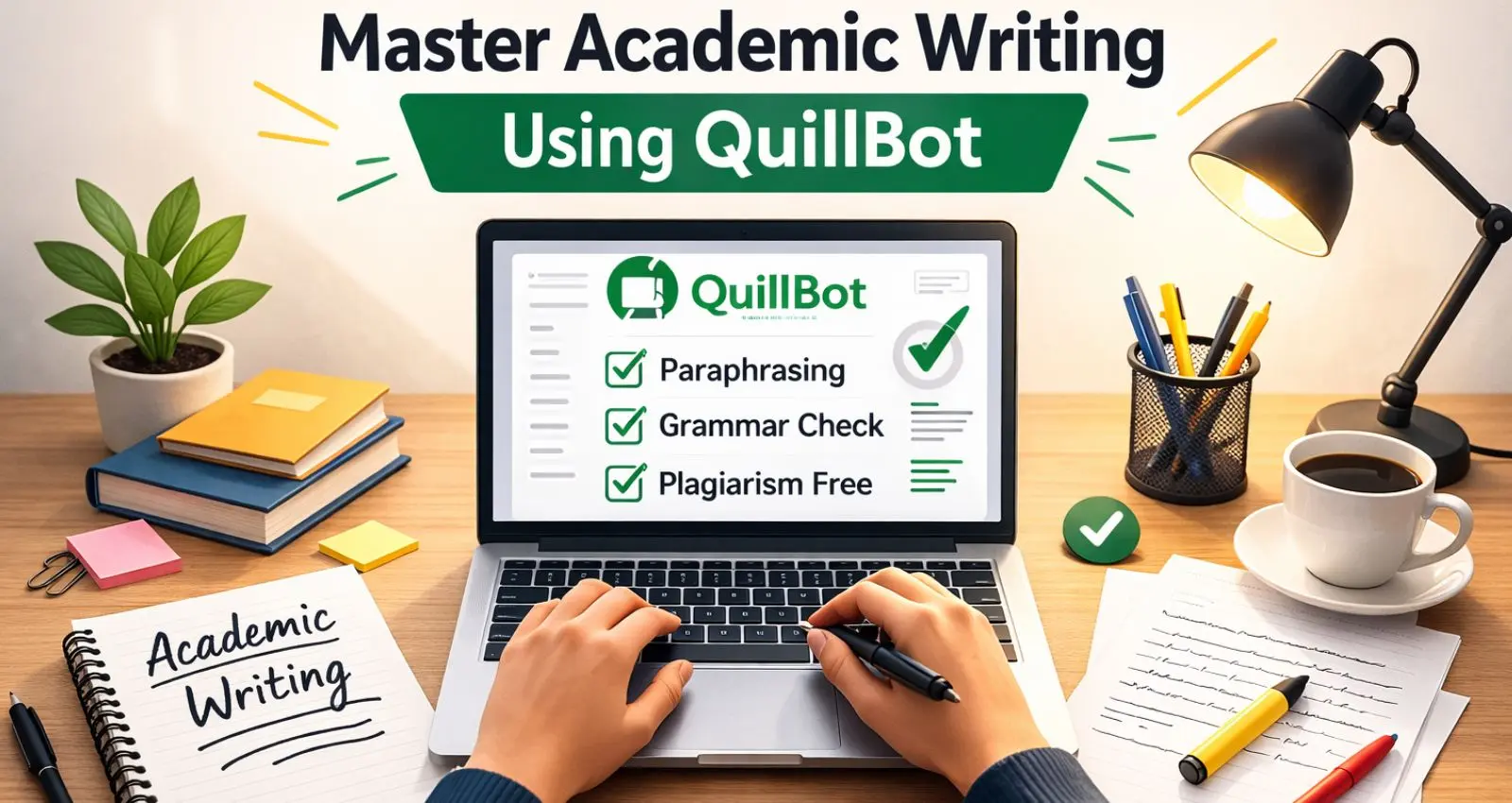 Student improving academic writing using QuillBot AI tool on laptop while writing notes at study desk